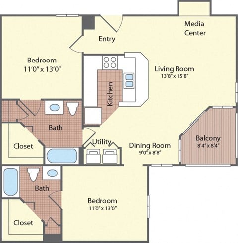 Floor plan for 2 beds, 2 baths, 1011 sqft